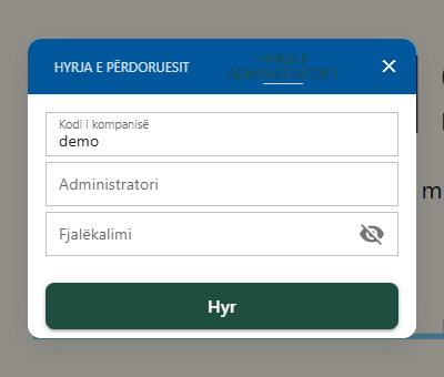 Dritarja e hyrjes me skedën Hyrja e administratorit: fushat Kodi i kompanisë, Administratori dhe Fjalëkalimi.