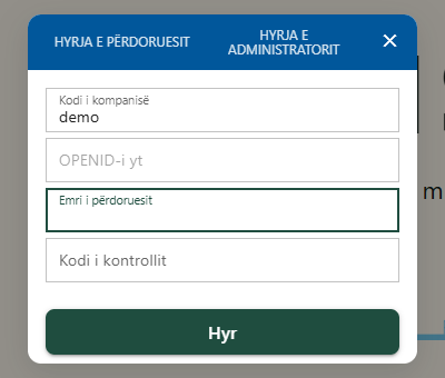Dritarja e hyrjes me skedën Hyrja e përdoruesit: Kodi i kompanisë, OPENID-i yt, Emri i përdoruesit dhe Kodi i kontrollit.